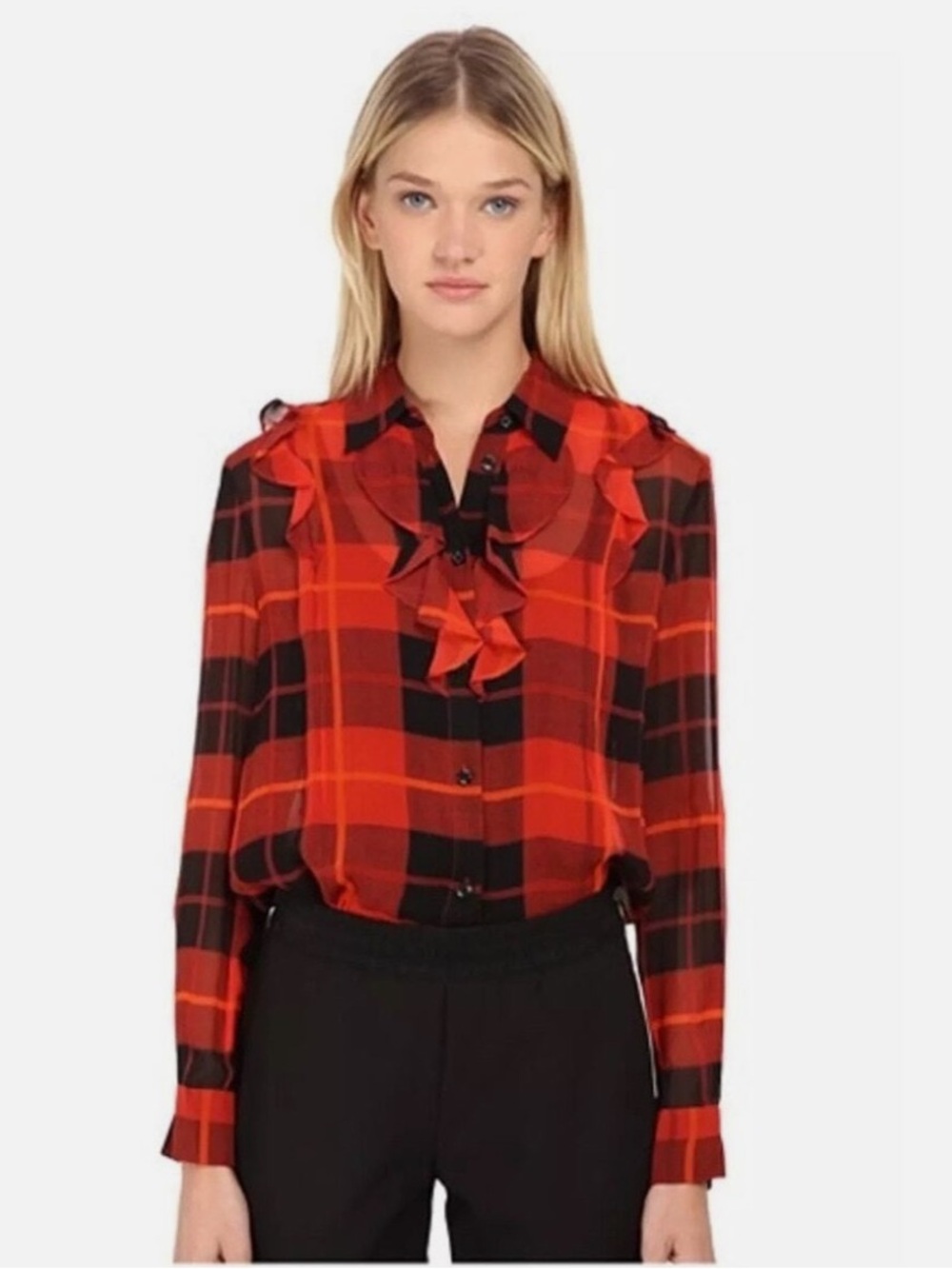 KATE SPADE Plaid Ruffle Front Button-Up Silk Blouse